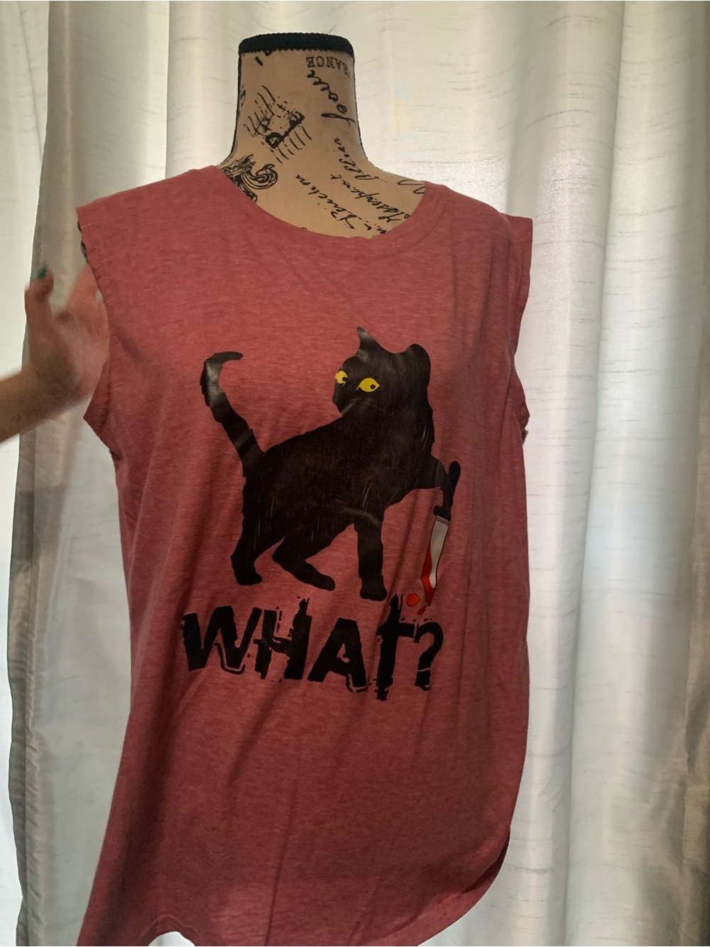 WHAT? Black Cat Graphic Pet-Themed Muscle Tee - Dusty Rose